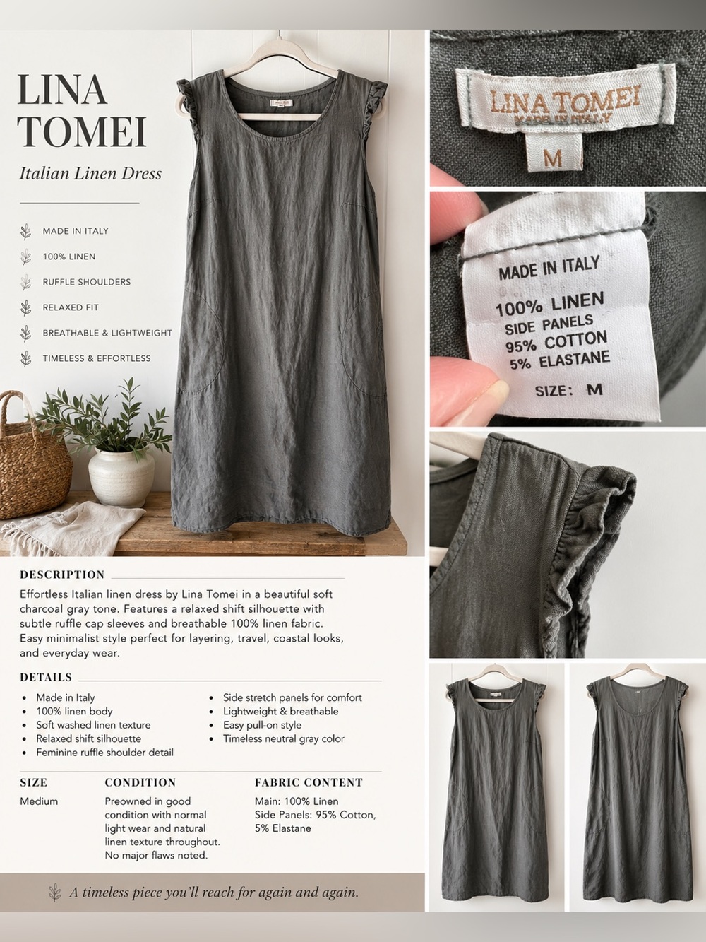 Lina Tomei Italian Linen Dress SZ M Gray Sleeveless Ruffle Shoulder Shift Dress - Picture 1 of 13